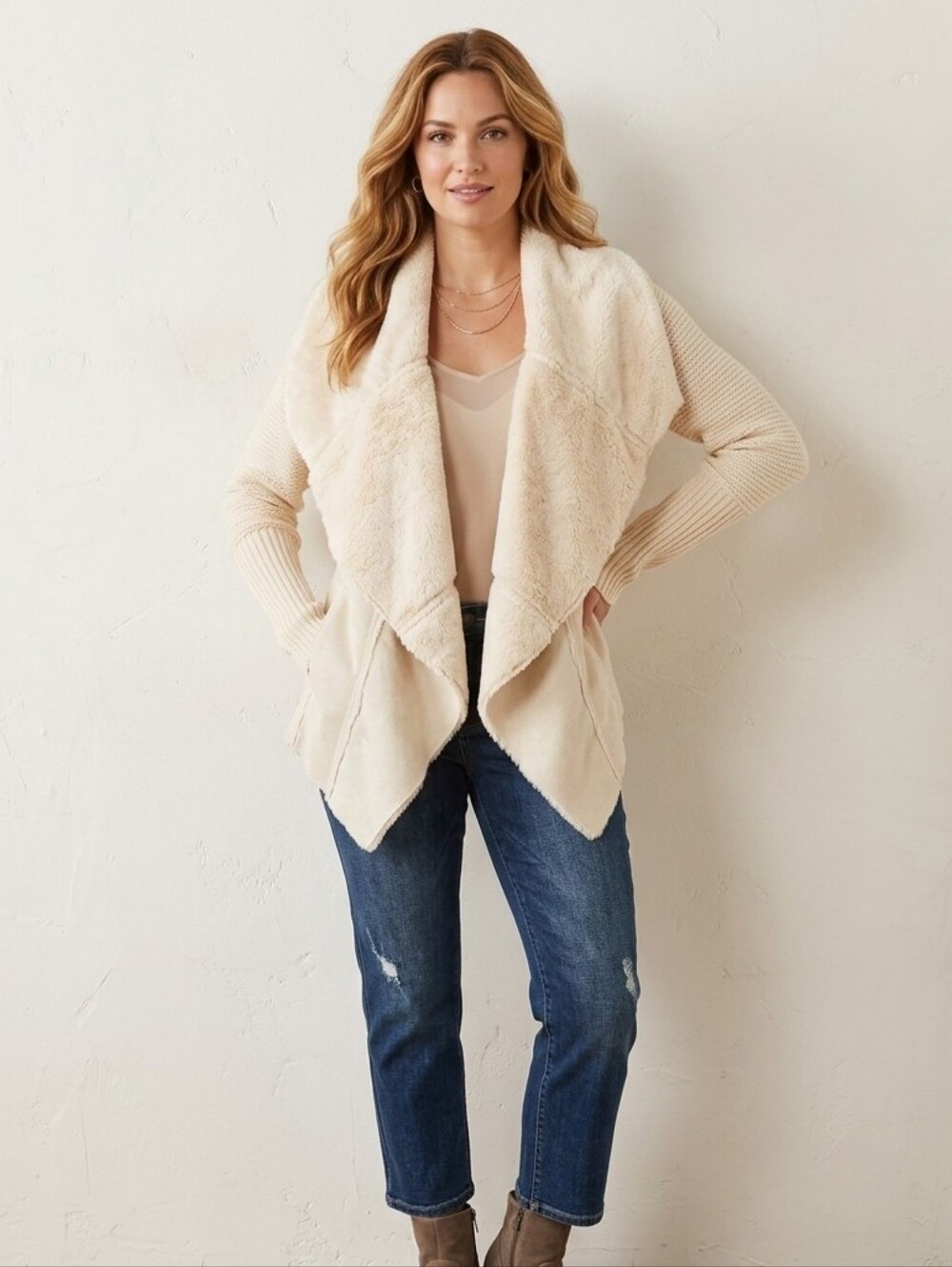 Knox Rose Faux Fur Trim Knit Asymmetrical Cardigan Jacket Size Large